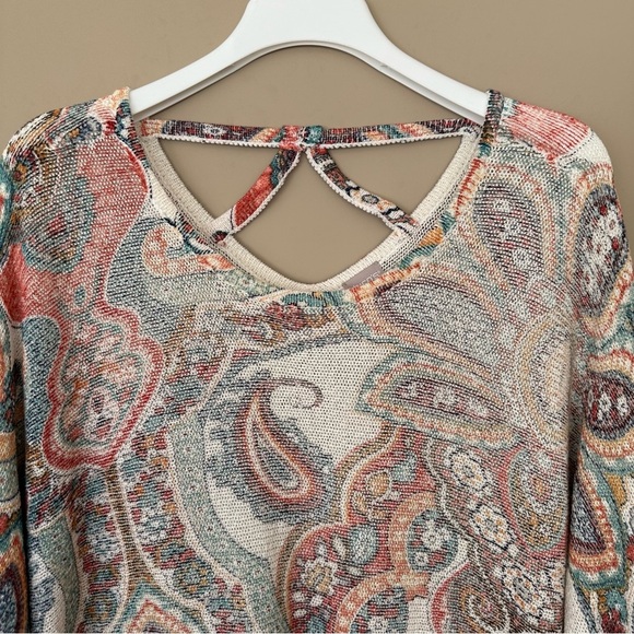 SOLD Chicos XL Paisley Sweater Cross Back Long Tunic Length Colorful 3/4 Sleeve - Picture 4 of 11
